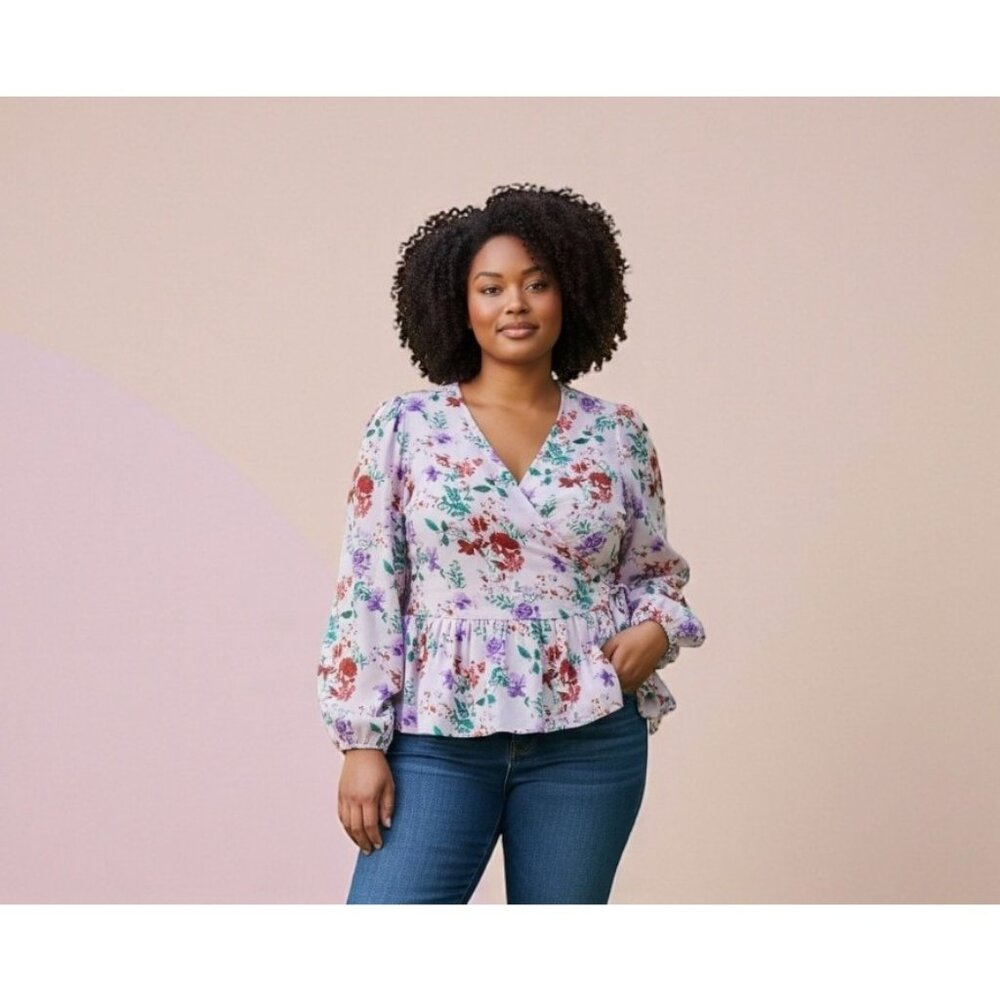 B Collection By Bobeau Curvy Louise Floral Wrap Top Lilac 2X